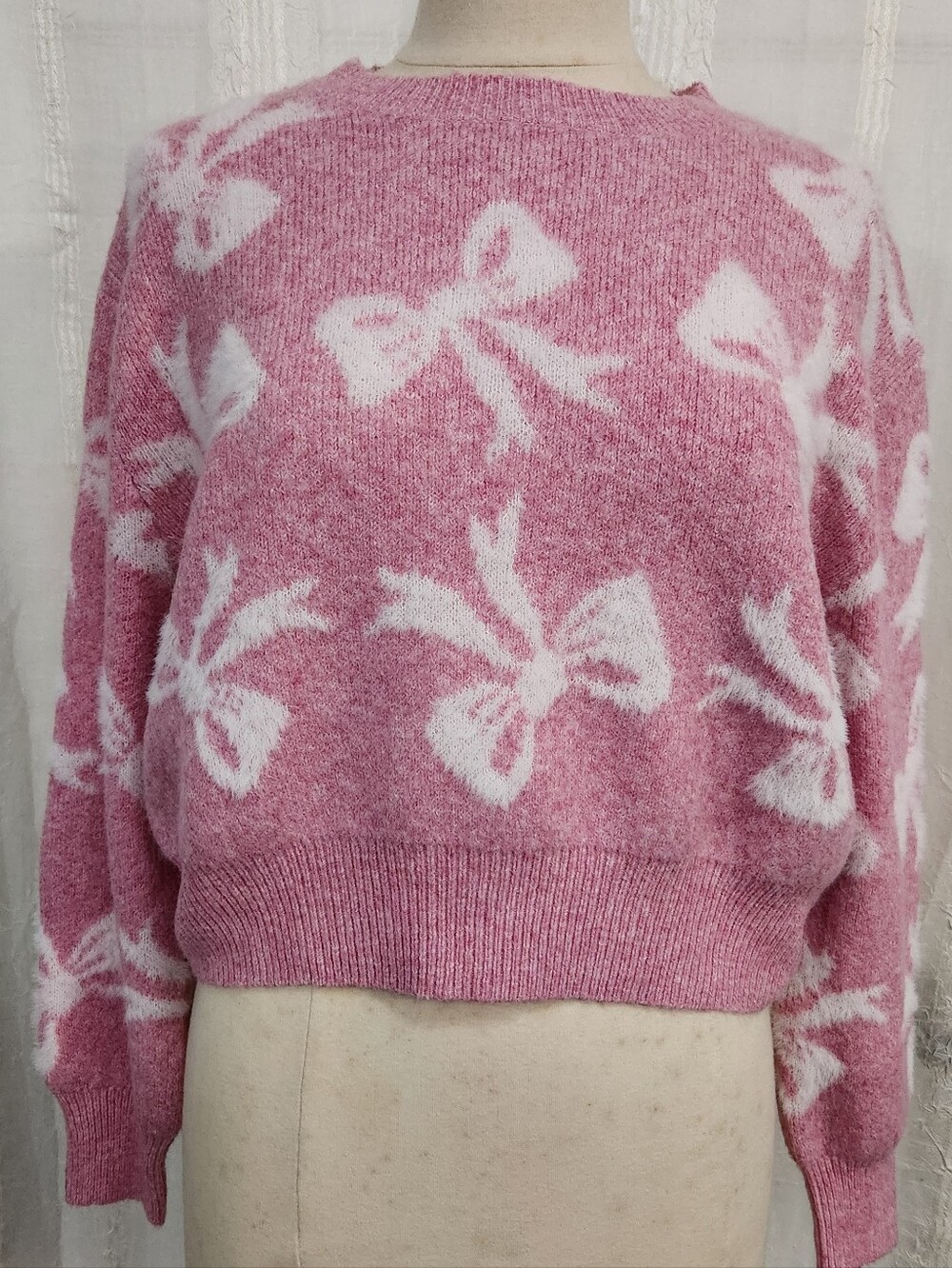 Jessica Simpson Pink and White Bow-Print Crewneck Sweater